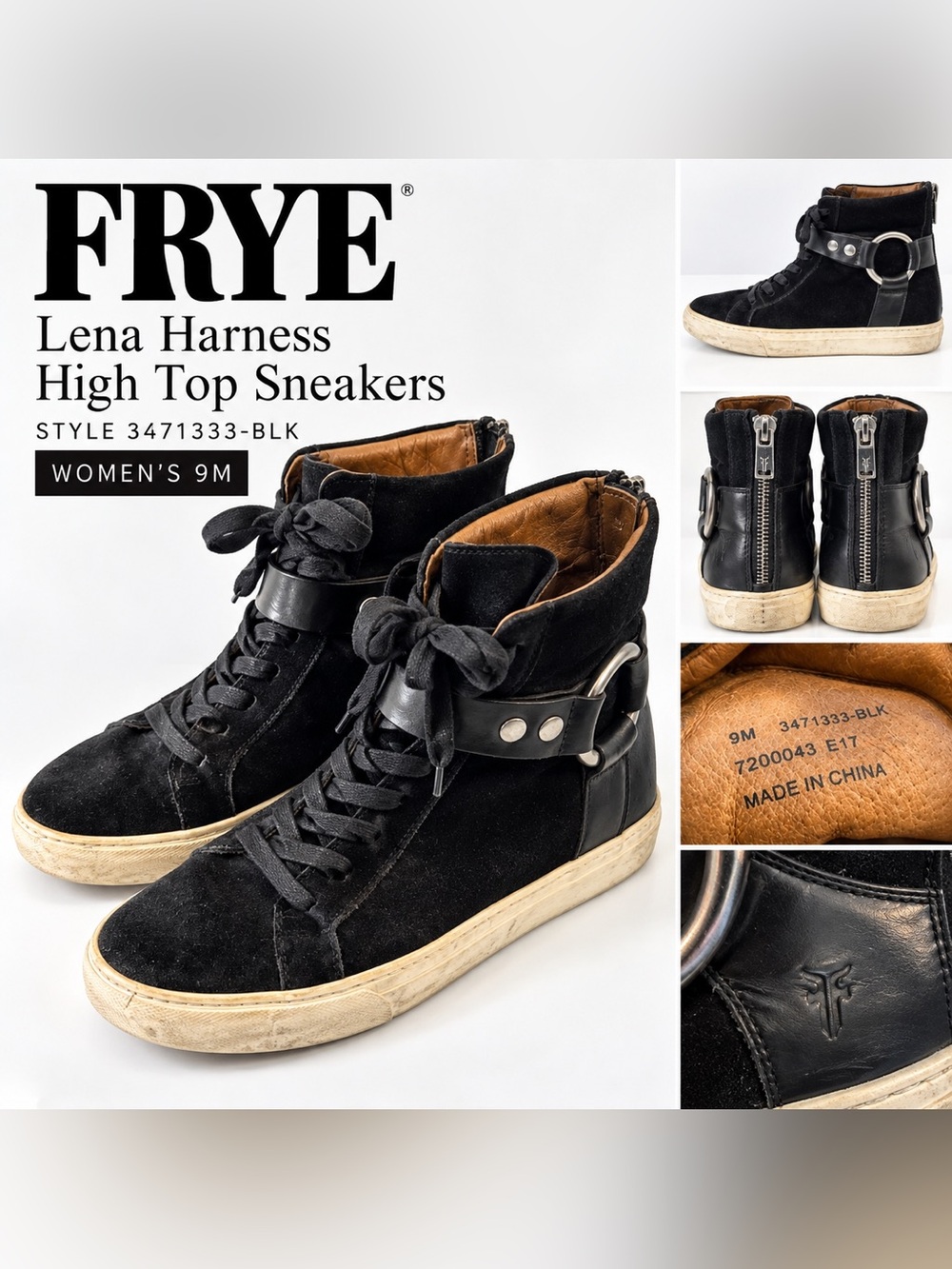 Frye Lena Harness Black Suede Leather High Top Sneakers Women 9 Moto